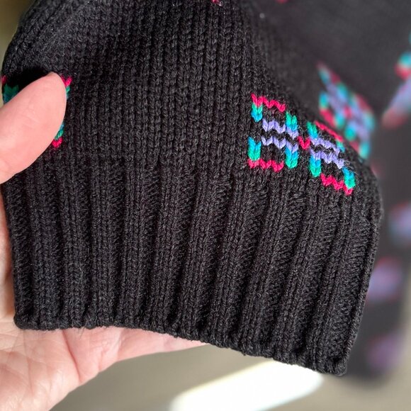 Vintage Stefano 80s Sweater Mini Dress Black with Pattern Roll Neck One Size - Picture 6 of 7